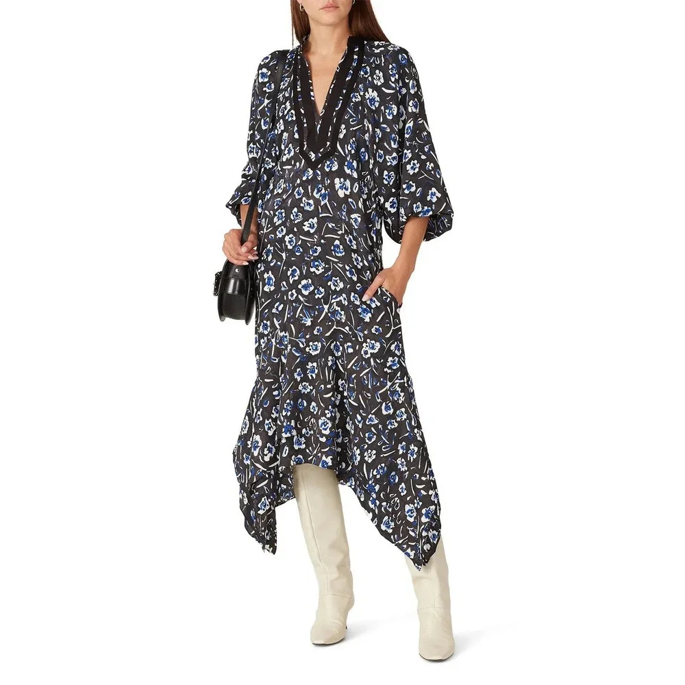 Tory Burch Puff Sleeve Tunic Floral Asymmetrical Hem Dress Blue Black XS